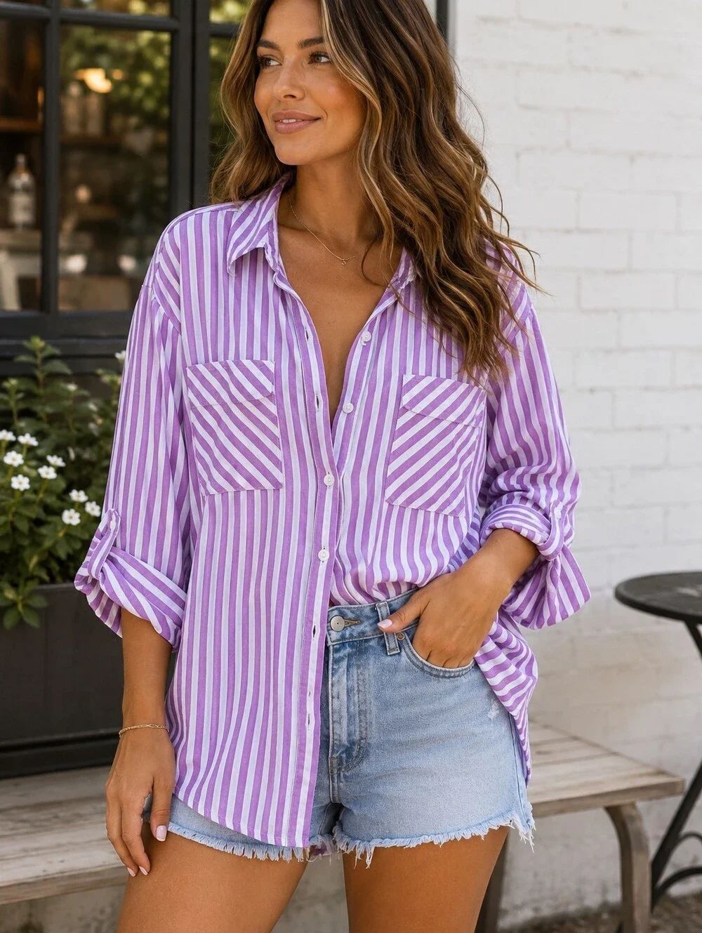 Express Purple and White Striped Button Shirt